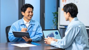 中小企業の経営者が専門家と資金調達について相談している場面