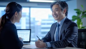 事業成長や資金繰り改善のため、追加融資を受ける適切なタイミングについて日本政策金融公庫などの金融機関担当者に相談し、事業計画を説明する経営者