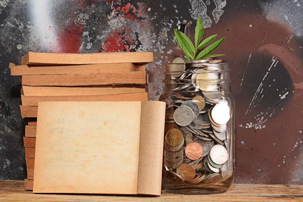 資金調達サービスで得た資金が事業の種となり成長していく様子を表現したコインが入った瓶と植物の芽