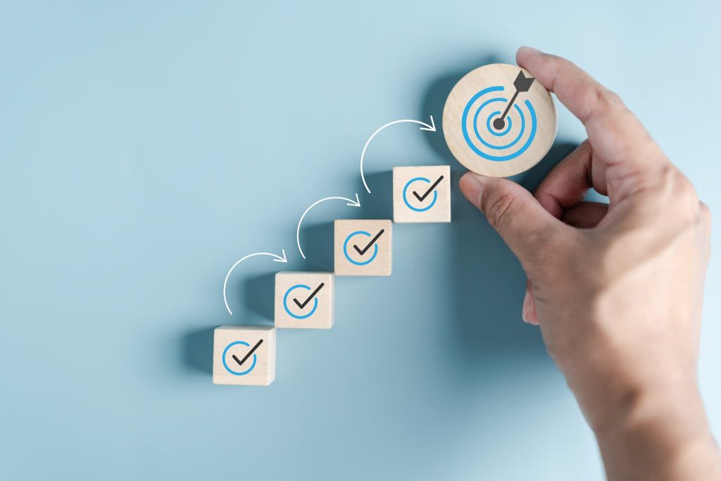 小規模事業者持続化補助金の採択に向けて経営計画の目標を段階的に達成していくプロセスを表す図