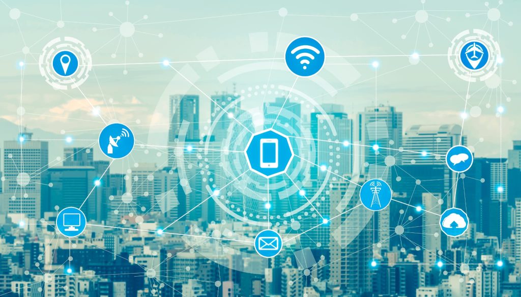 日本政策金融公庫の融資対象となるIT導入や海外展開などの新規事業分野を表現したネットワークと都市のイメージ