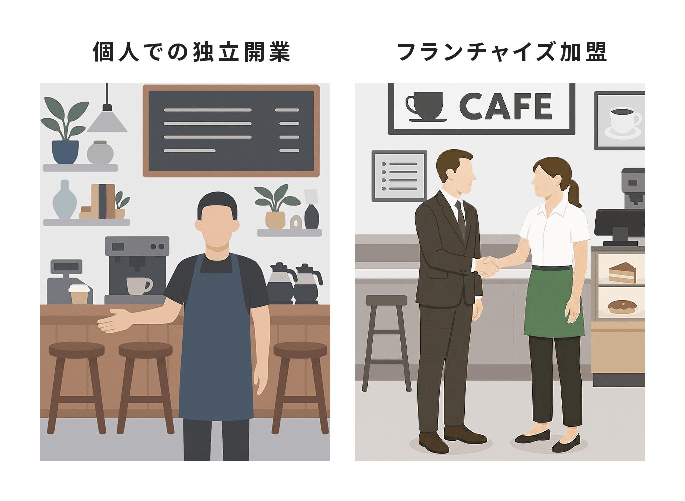 カフェの起業・開業方法である「個人での独立開業」と「フランチャイズ加盟」を比較したイラスト。エプロンをつけてカウンターの前に1人で立つオーナー（個人）の姿と、スーツの本部担当者と握手する姿（提携）で、運営スタイルの違いを表現
