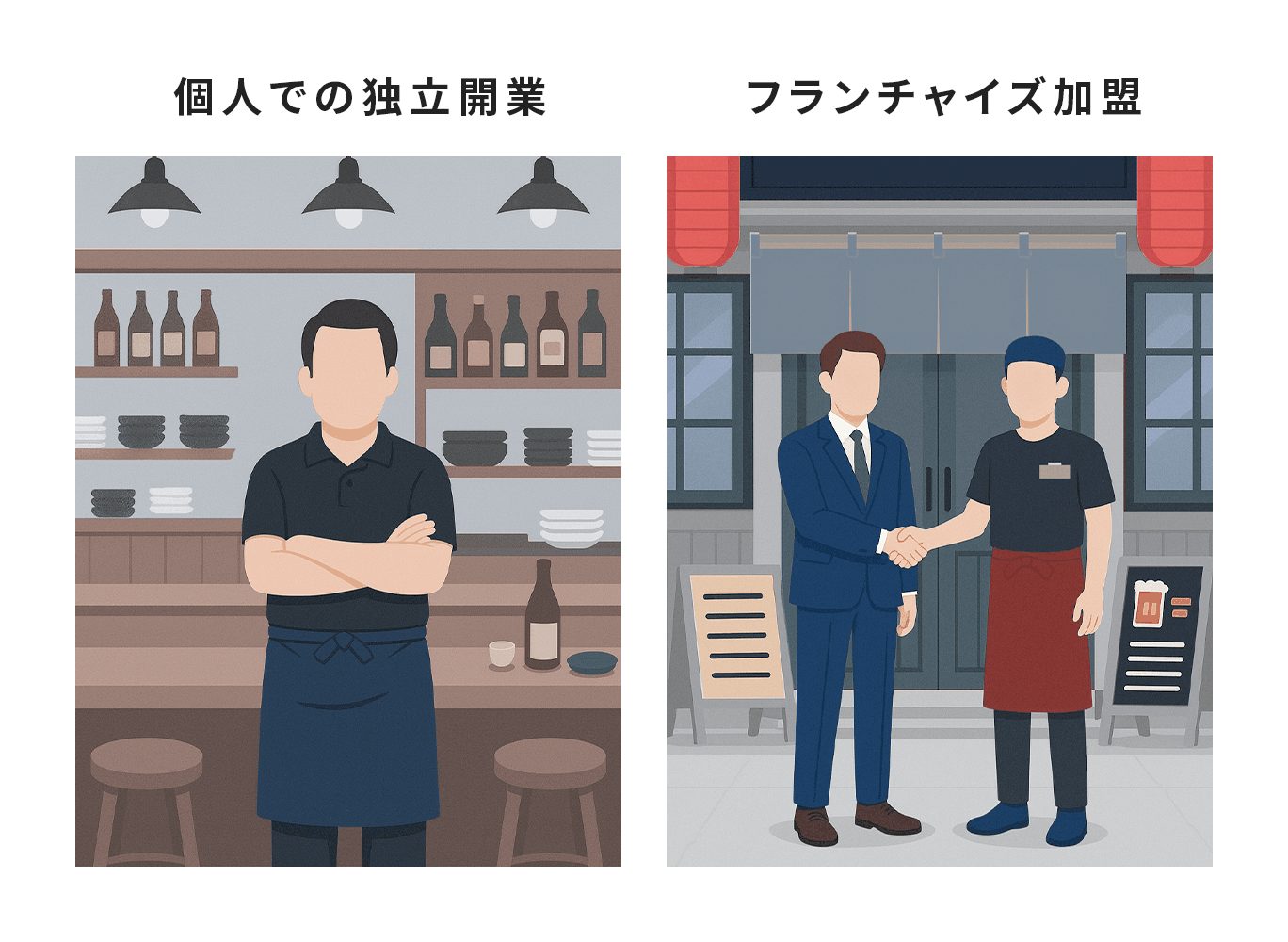 居酒屋の開業方法である「個人での独立開業」と「フランチャイズ加盟」を比較したイラスト。腕を組んでカウンターの前に1人で立つオーナー(個人)の姿と、スーツの本部担当者と握手する姿(提携)で、運営スタイルの違いを表現