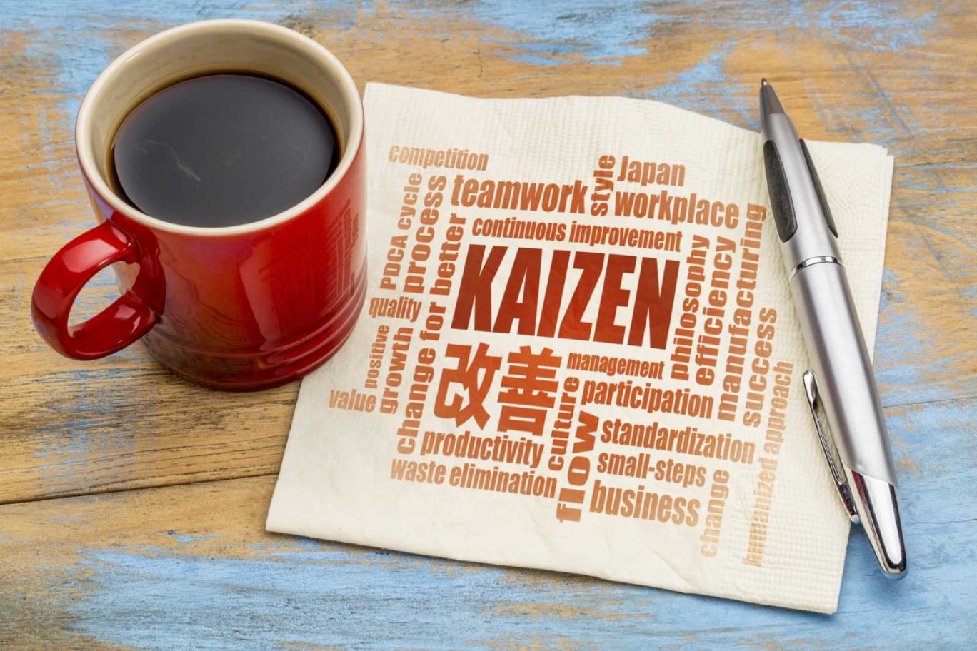 記事のメイン画像：「KAIZEN」や「改善」といった文字がプリントされた紙と、赤いマグカップ、ペンが置かれたテーブルの写真