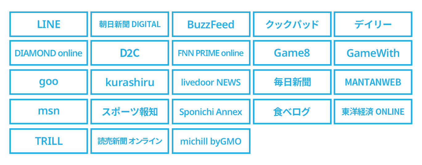 Yahoo!広告の掲載場所の一例。LINE、朝日新聞DIGITAL、クックパッドなどの主要メディアのロゴが一覧で表示されている