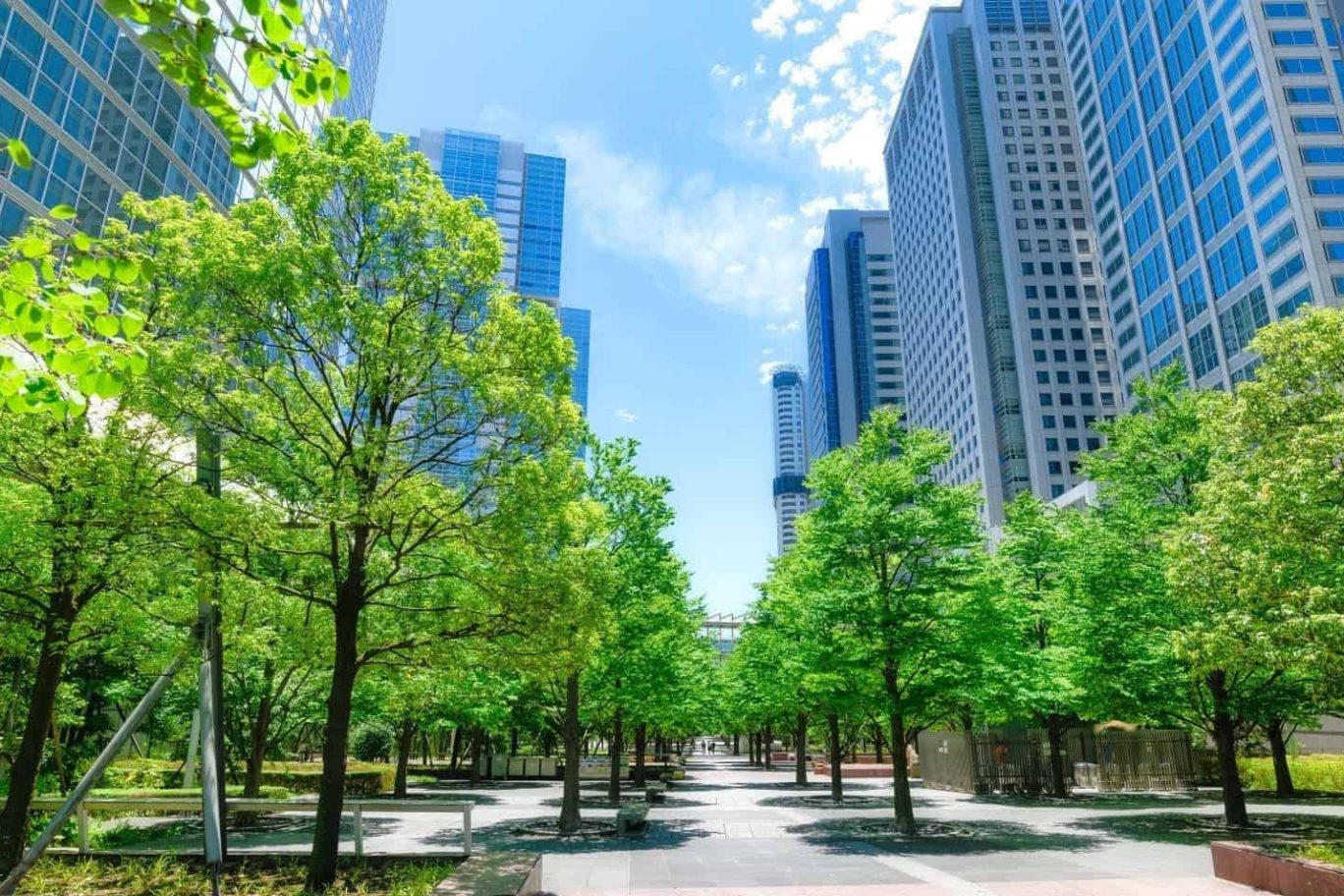 商号(社名)の決め方を解説する記事のメイン画像。オフィスビル群と青々とした木々が広がっている