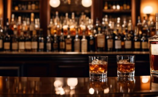 バーカウンターに並ぶウイスキーのボトルと2つのグラス