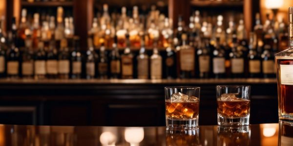 バーカウンターに並ぶウイスキーのボトルと2つのグラス