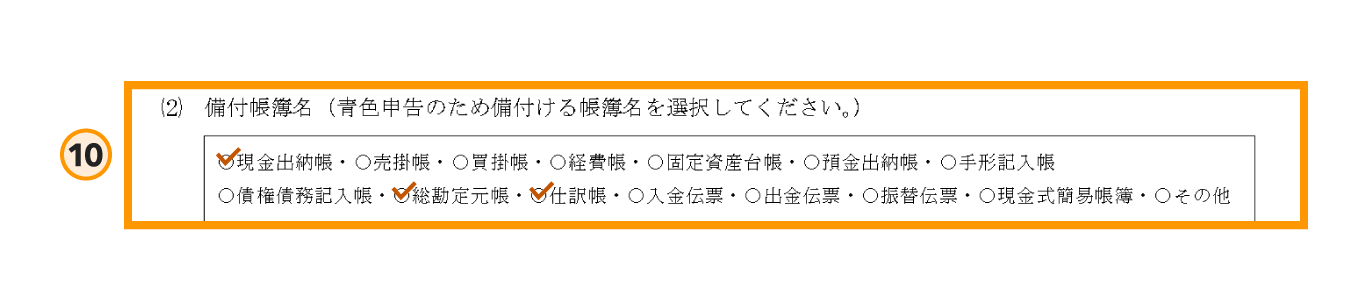 青色申告承認申請書の書き方ステップ10の拡大図。「備付帳簿名」の選択欄がオレンジ色の枠で囲まれており、複式簿記に必要な「総勘定元帳」「仕訳帳」や、基本的な「現金出納帳」などにチェックを入れる例を示している