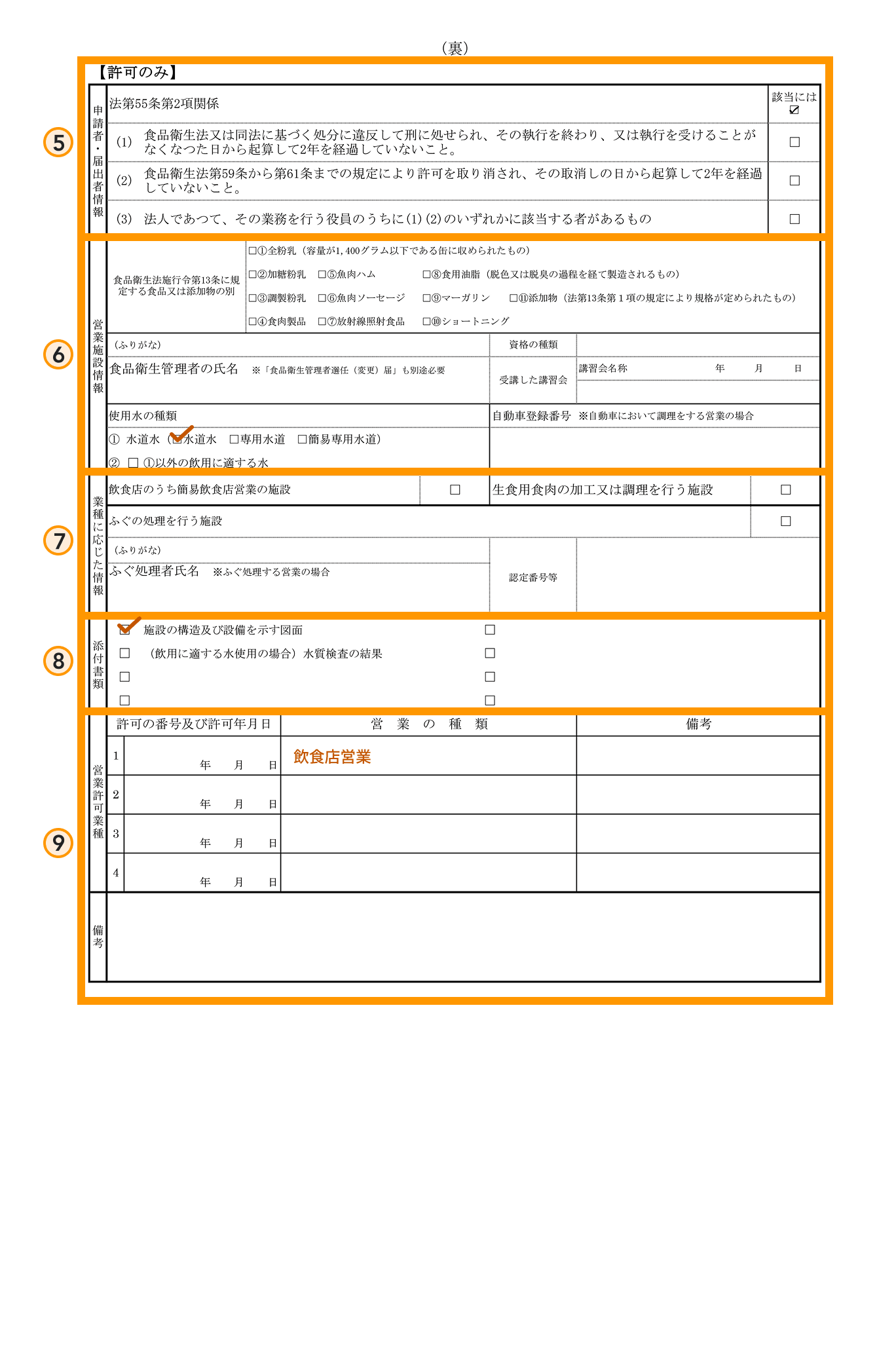 東京都の様式を参考にした営業許可申請書（裏面）の記入サンプル。⑤欠格事由、⑥使用水の種類、⑦業種に応じた情報、⑧施設の構造及び設備を示す図面などの添付書類、⑨営業許可業種が、オレンジ色の枠と番号付きで示されている
