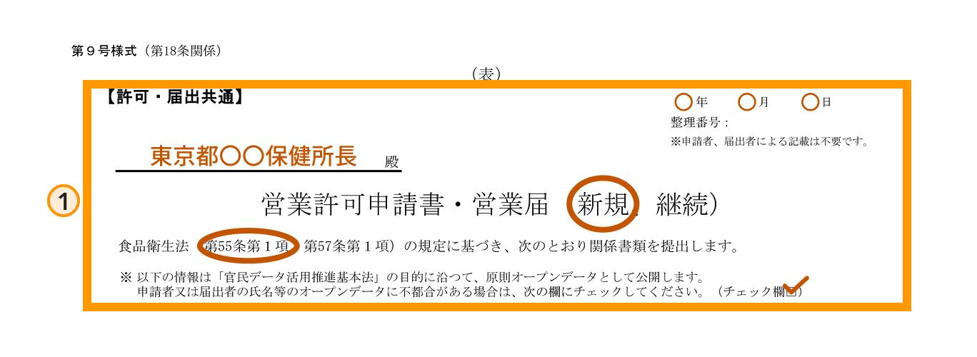 営業許可申請書の書き方ステップ1（書類上部）の拡大図