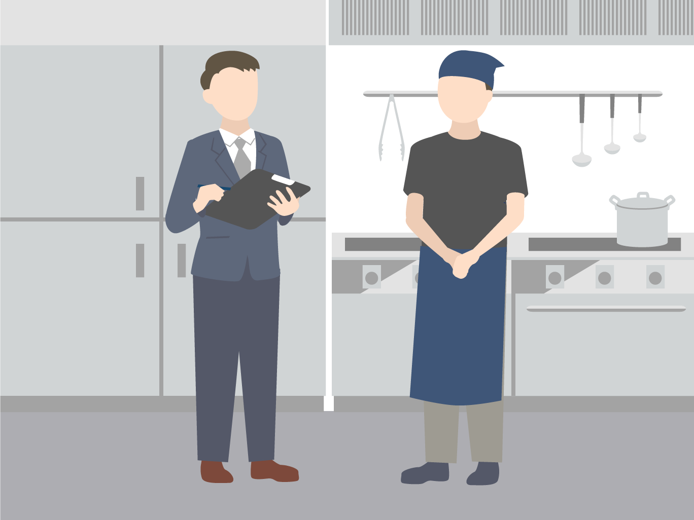 保健所による施設検査のイメージイラスト。スーツ姿の検査員がクリップボードを持ち、エプロン姿の飲食店スタッフが立ち会う中で、厨房の設備要件を満たしているかチェックしている