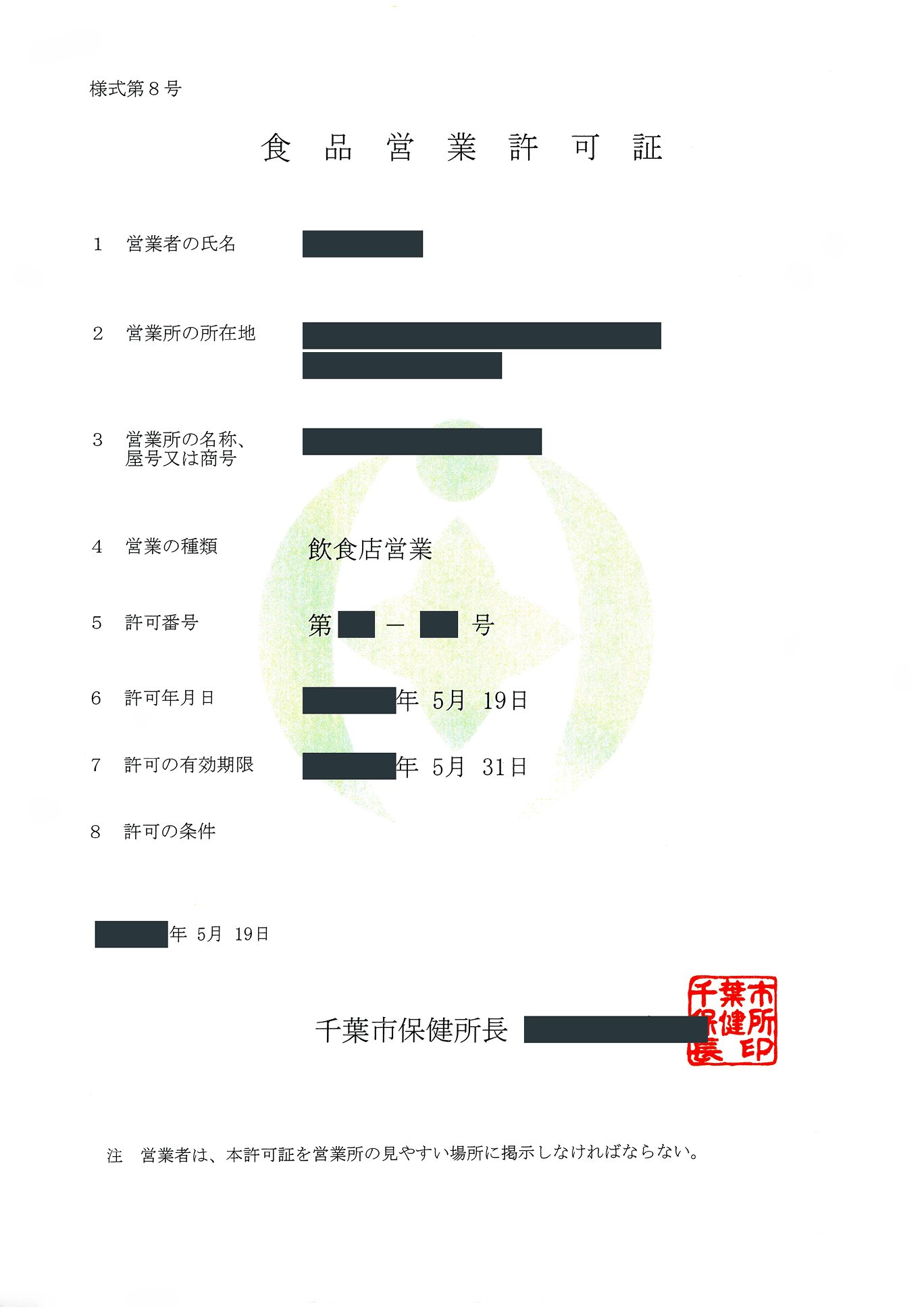 保健所から交付される「食品営業許可証」の実物サンプル画像