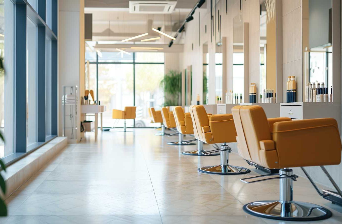 記事のメイン画像：大きな窓がある明るく開放的な美容室の店内。イエローのカットチェアと大きな鏡が等間隔で並んでいる