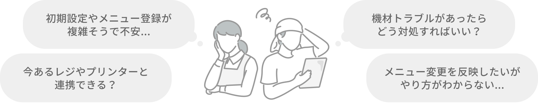 「初期設定やメニュー登録が複雑そうで不安...」「今あるレジやプリンターと連携できる？」「機材トラブルがあったらどう対処すればいい？」「メニュー変更を反映したいがやり方がわからない...」など導入前後の不安を抱えるスタッフのイラスト
