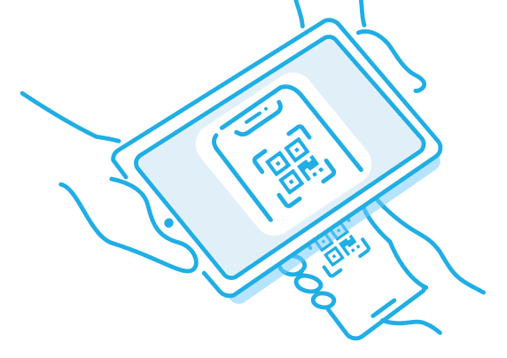 お客様のQRコード支払画面をiPadで読み取るイラスト