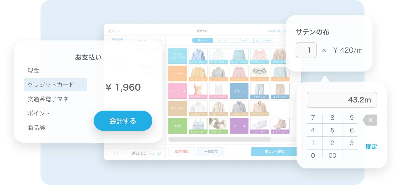 注文入力画面。左側には支払い方法の選択肢があり、現金、クレジットカード、交通系電子マネー、ポイント、商品券が表示されている。合計金額は1,960円で「会計する」ボタンがある。右側には、サテンの布が1メートル420円で表示されており、数量を入力する欄には43.2メートルが入力されている。